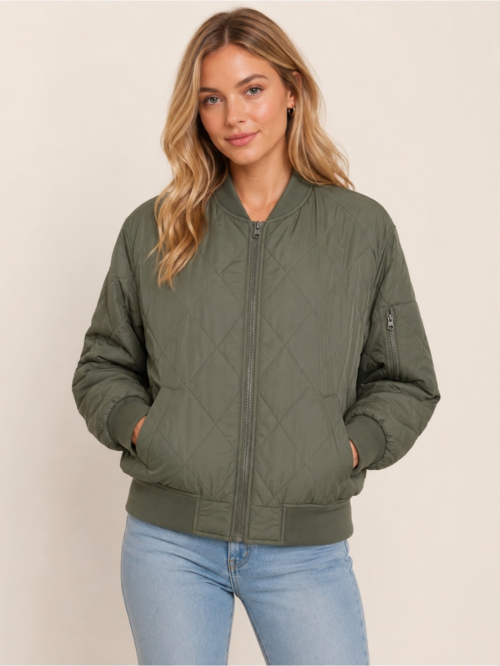 Thread & Supply Olive Green Quilted Bomber Jacket Women Size Extra Small NEW XS